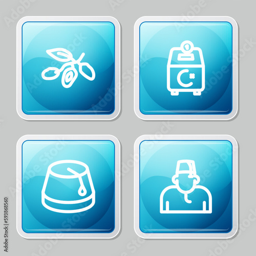 Set line Date fruit, Donate or pay your zakat, Turkish hat and Muslim man icon. Vector