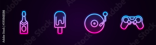 Set line Champagne bottle, Ice cream, Vinyl player with disk and Gamepad. Glowing neon icon. Vector