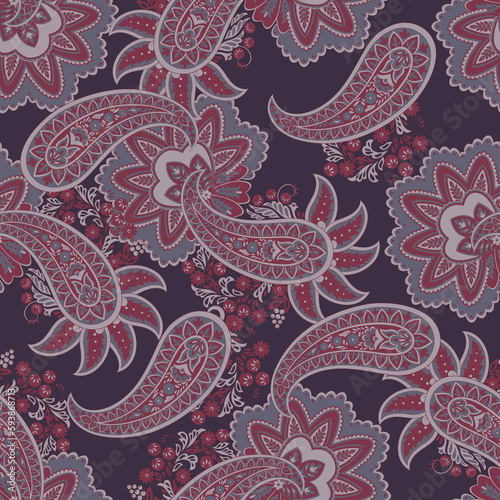 Paisley seamless pattern. Fantastic flower, leaves. Batik style painting. Vintage background