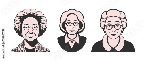 Vector set of portraits of women of different ages. Simple monochrome stencil, grandmother, lady and madam. White isolated background. Icons, stickers or labels.