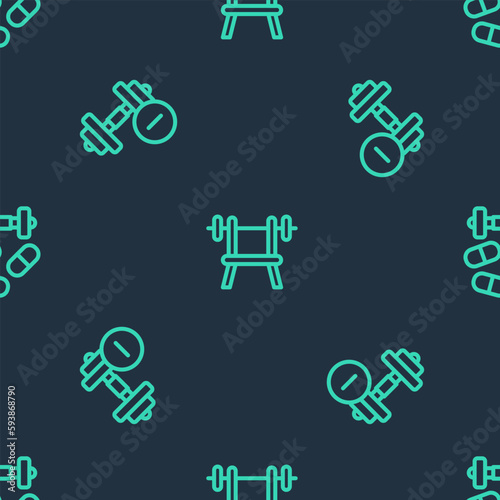 Set line Bench with barbell, Dumbbell and Sports doping dumbbell on seamless pattern. Vector