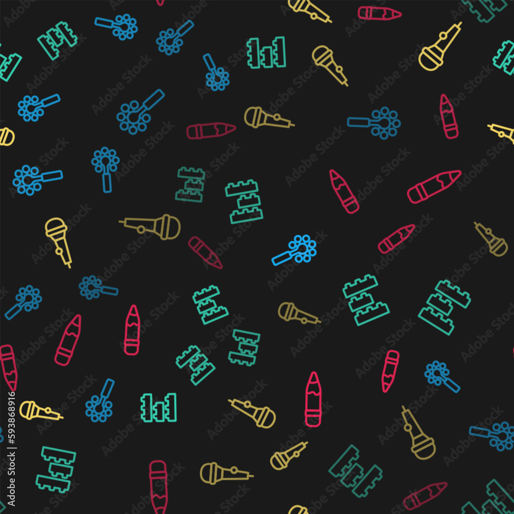 Set line Rattle baby toy, Toy building block bricks, Microphone and Pencil with eraser on seamless pattern. Vector Set line Rattle baby toy, Toy building block bricks, Microphone and Pencil with eraser on seamless pattern. Vector