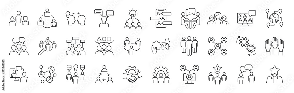 Set of 30 thin line icons related  team, teamwork, co-workers, cooperation. Linear busines simple symbol collection.  vector illustration. Editable stroke - obrazy, fototapety, plakaty 