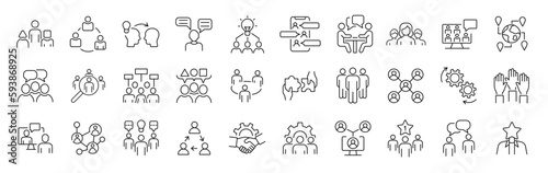 Set of 30 thin line icons related team, teamwork, co-workers, cooperation. Linear busines simple symbol collection. vector illustration. Editable stroke