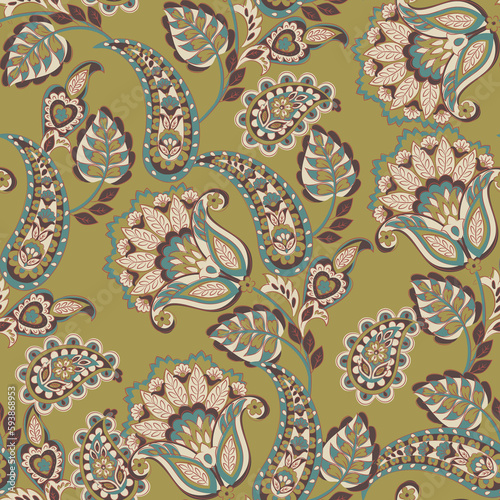 Seamless Paisley pattern in indian batik style. Floral illustration