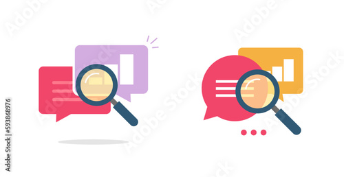 Analytics social marketing statistics review via magnifying glass icon vector flat cartoon graphic illustration, stats audit research analyse investigation clipart image, stocks graph forecast explore