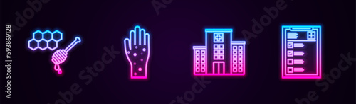 Set line Honeycomb with honey dipper, Hand psoriasis or eczema, Medical hospital building and Clinical record. Glowing neon icon. Vector