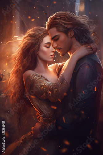 Fantastic art like prince, domineering man with golden eyes, long smooth hair, handsome domineering devil, fierce beautiful smile, athletic torso, couple in love, shining magic by Generative AI