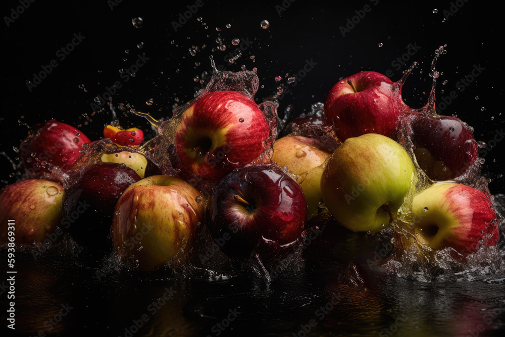 Apples with water splashes. Generative AI. Apples with water splashes. Generative AI.