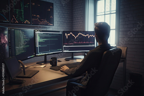 Trader sit in front of computer screen to monitor share market. Generative AI.
