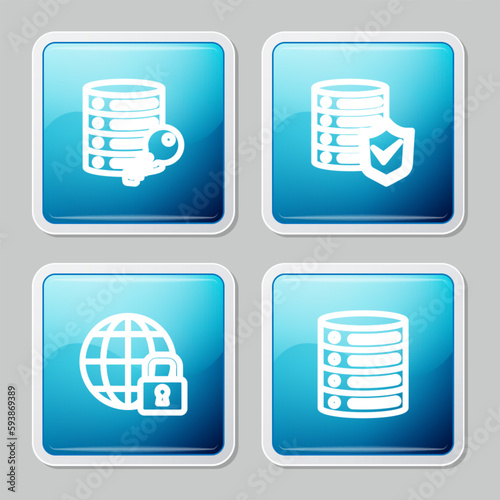 Set line Server security with key, shield, Global lockdown and Server, Data, Web Hosting icon. Vector