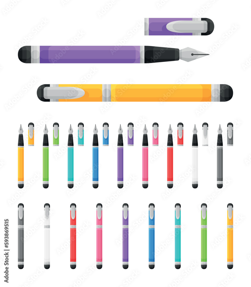 Collection de stylos plumes à encre - Fournitures de bureau et matériel scolaire - Set de vecteurs colorés. Collection de stylos plumes à encre - Fournitures de bureau et matériel scolaire - Set de vecteurs colorés.