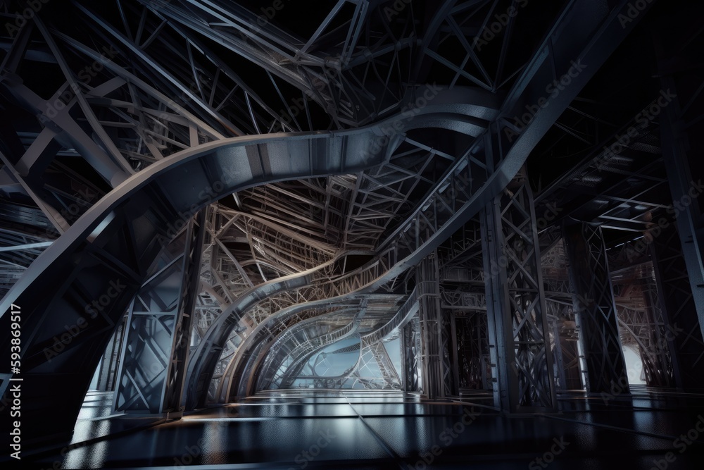 Fototapeta premium Bridge at night with a lot of structures. Generative AI.