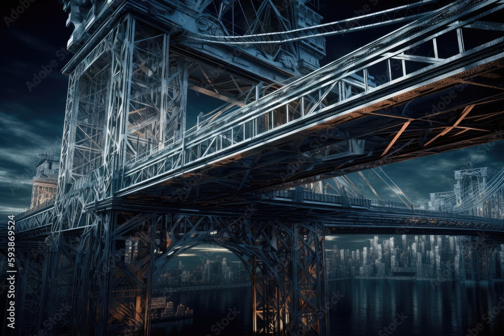 Bridge at night with a lot of structures. Generative AI.