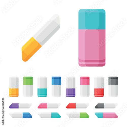 Collection de gommes - Fournitures de bureau et matériel scolaire - Set de vecteurs colorés.