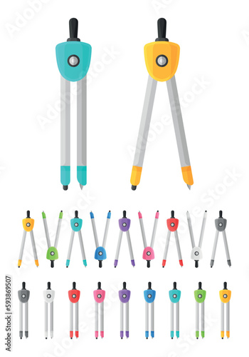Collection de compas - Fournitures de bureau et matériel scolaire - Set de vecteurs colorés.