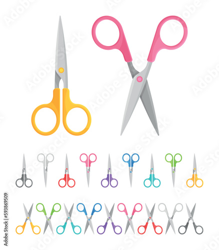 Collection de ciseaux - Fournitures de bureau et matériel scolaire - Set de vecteurs colorés.