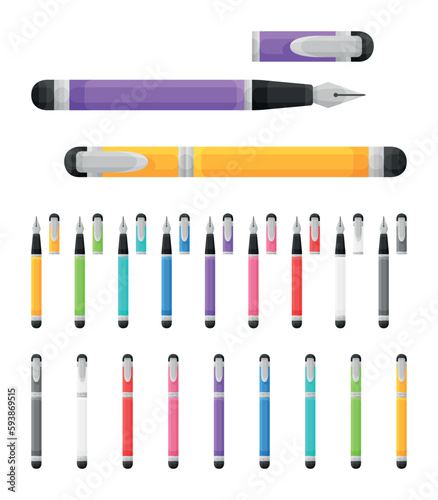 Collection de stylos plumes à encre - Fournitures de bureau et matériel scolaire - Set de vecteurs colorés.