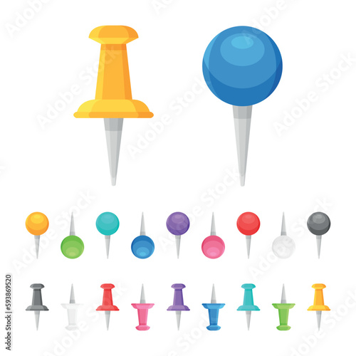 Collection de punaises et épingles - Fournitures de bureau et matériel scolaire - Set de vecteurs colorés.