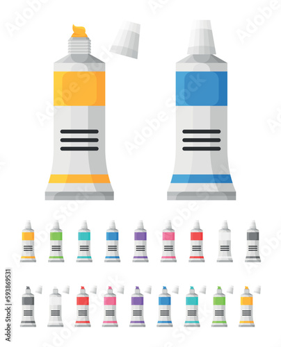 Collection de tubes de peinture gouaches - Fournitures de bureau et matériel scolaire - Set de vecteurs colorés.