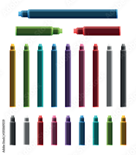 Collection de cartouches d'encre pour stylo à plume - Fournitures de bureau et matériel scolaire - Set de vecteurs colorés.