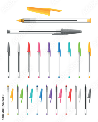 Collection de stylos à bille - Fournitures de bureau et matériel scolaire - Set de vecteurs colorés.