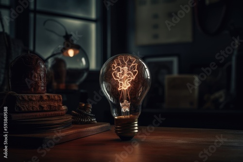 Light bulb on black background. Generative AI.