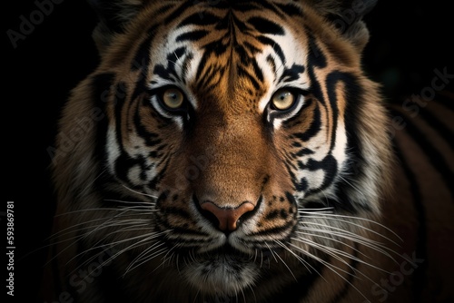 Portrait of a tiger in dark background. Generative AI.