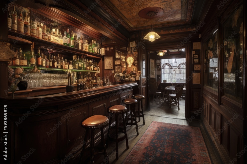 Bar counter in bar with a lot of liquors. Generative AI. Bar counter in bar with a lot of liquors. Generative AI.