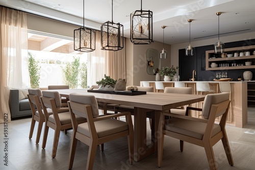 Dining interior modern area with wooden design. Generative AI. © hugo
