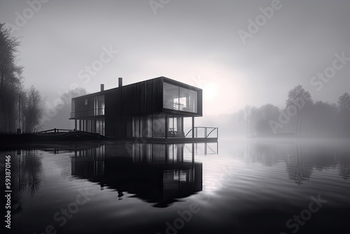 House on the lake. with misty weather. Generative AI.