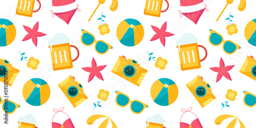 Summer seamless pattern with hobby and leisure beach objects, decorative pattern, wrapping paper, colorful background.