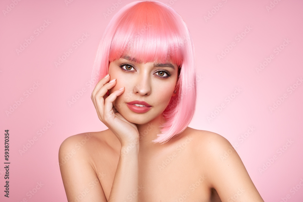 Beauty model portrait with pink hair. Bob short Haircut. Beautiful glamour Girl with short dyed hair Beauty model portrait with pink hair. Bob short Haircut. Beautiful glamour Girl with short dyed hair