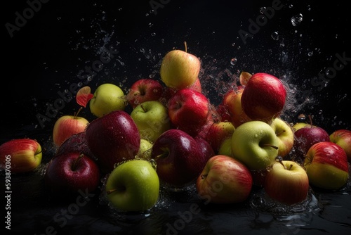 Apples with water splashes. Generative AI.
