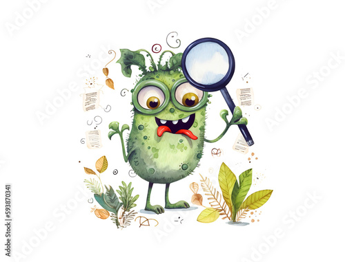 Monster on the road as botanist with magnifying glass