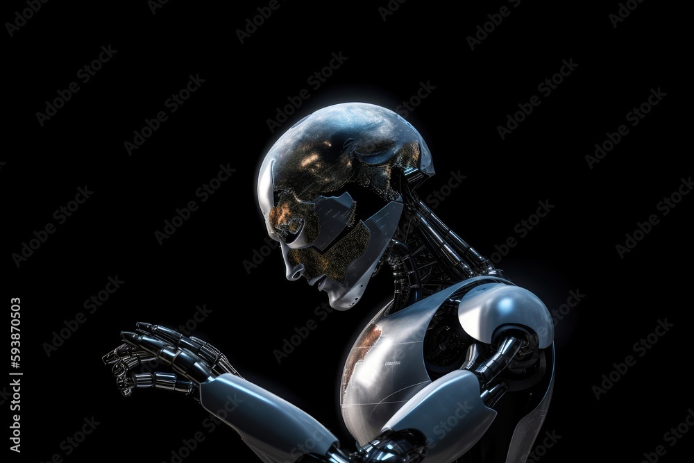 Robot cyborg in the dark background. Generative AI.