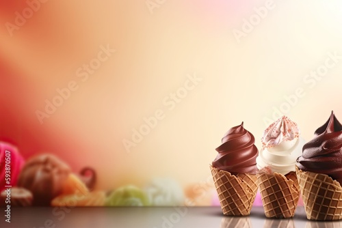 Ice cream cones wit colorful gradient background. Generative AI.