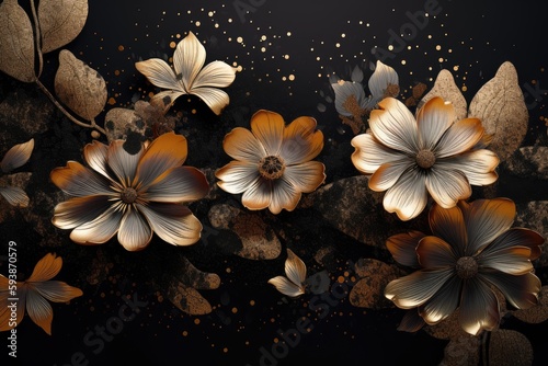 Abstract black and gold floral background. Generative AI.