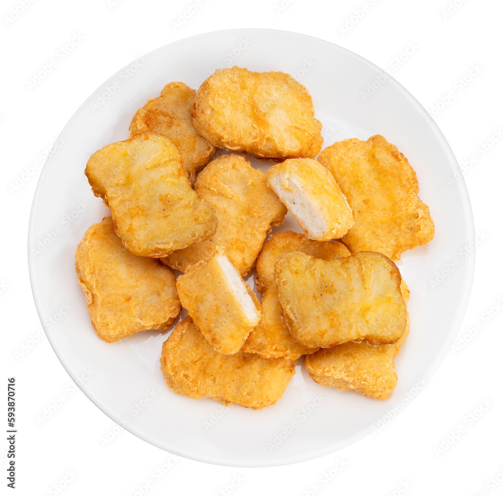Fried chicken nugget on white plate isolated on white background, Fried nugget on white PNG file. Fried chicken nugget on white plate isolated on white background, Fried nugget on white PNG file.