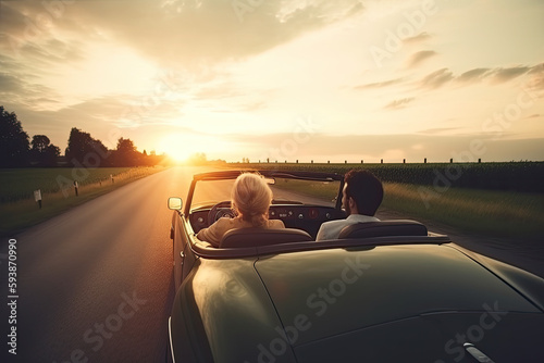 Picture of the back of Happy young couple driving sports convertible down country road in convertible at sunset  © ttonaorh