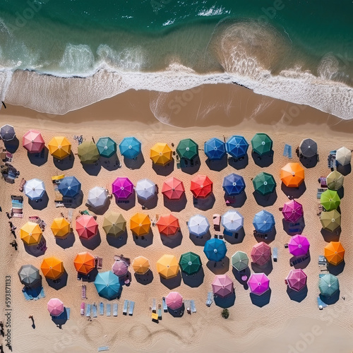 Aerial view of a beach in summer full of parasols and people bathing.