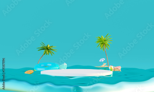 Summer vacation beach abstract background concept  Minimal Realistic Display Podium for Product mock-up or Cosmetics with summer theme  beach umbrella  sand  chairs  inflatable ring. 3d rendering