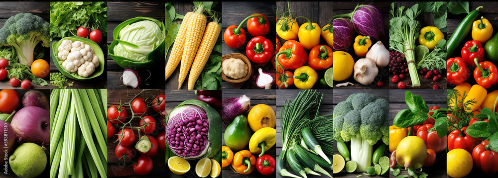 Assortment of fresh fruits and vegetables, Collage made  of vegetables and fruits ,Food fresh and healthy concept, Generative AI 
