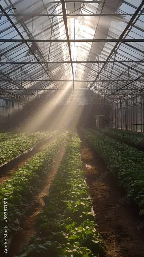 Inside a vegetable greenhouse, there is a neat and uniform organic vegetable field. agriculture business. ai generative Inside a vegetable greenhouse, there is a neat and uniform organic vegetable field. agriculture business. ai generative