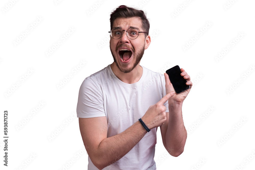 Portrait of a cheerful young man isolated over transparent backgound, showing blank screen mobile phone Portrait of a cheerful young man isolated over transparent backgound, showing blank screen mobile phone