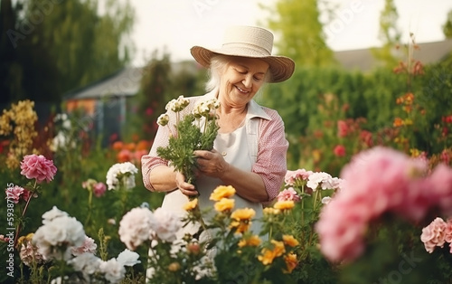 Senior woman taking care of flowers in a garden. Full, happy, and healthy senior live concept. Generative AI