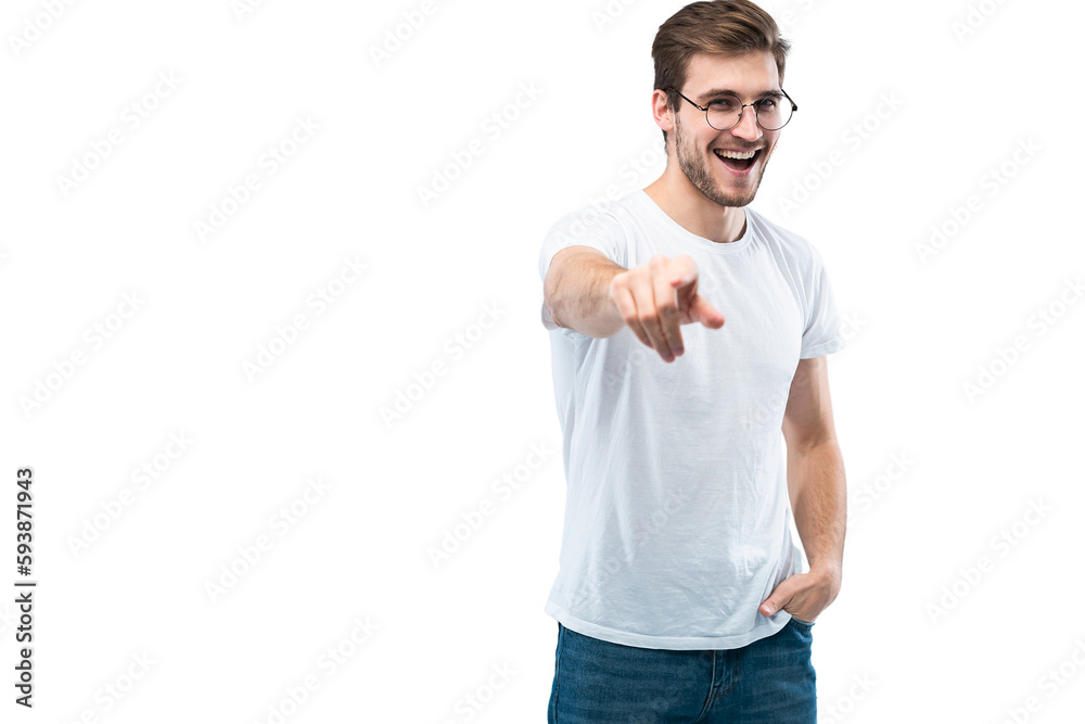 Smiling man pointing his finger to you over transparent background Smiling man pointing his finger to you over transparent background