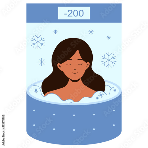 Peaceful woman in a cryosauna ice therapy vector illustration for benign and malignant lesions. Whole body cryotherapy. Painless freeze therapy for improved health.