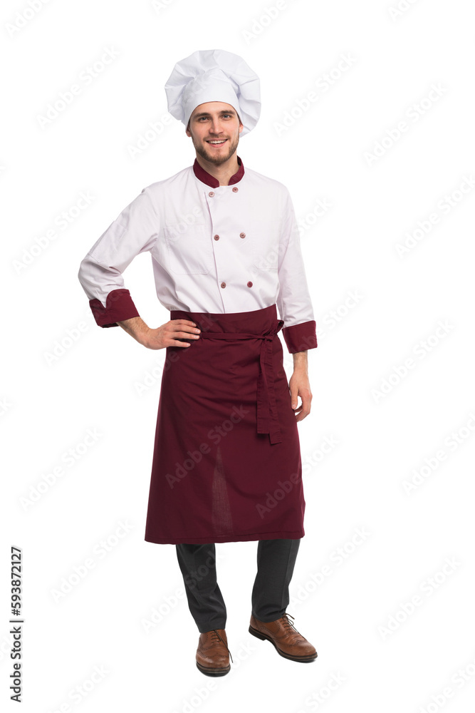 Full length portrait of positive handsome chef cook in beret and white outfit isolated on transparent background