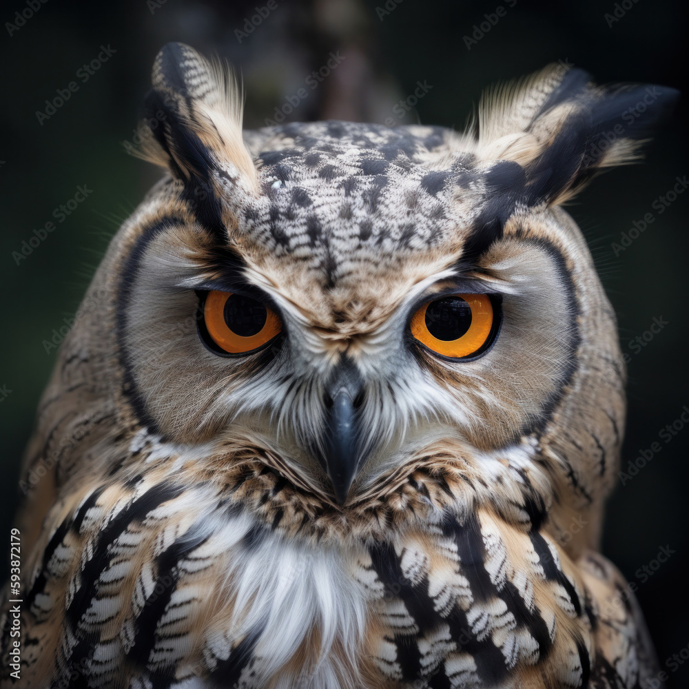 Obraz premium A beautiful owl in the woods, with captivating eyes and majestic feathers. A true symbol of the ecosystem's biodiversity. AI Generative